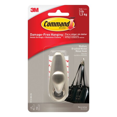 3M 3M Command 3-1/4 in. L Brushed Nickel Metal Medium Hook 3 lb. cap. 1 pk FC12-BN